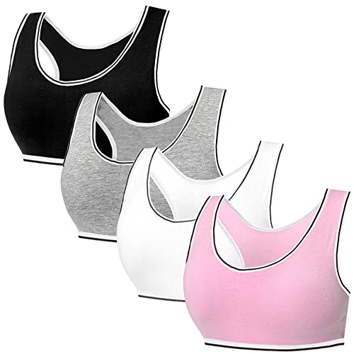 Girls Sports Bra Cotton Racerback Training Bras Underwear with Removable Bust Pad Teenage Girls Crop Vest for 7-12 Years Multipack (4 Pack/4 Set)