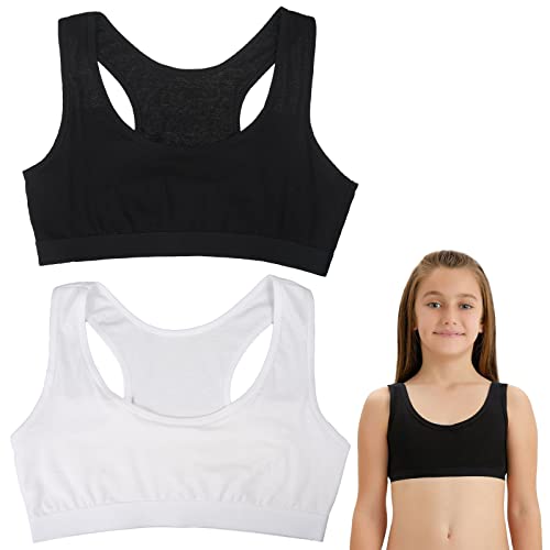 YUFFQOPC 2 Pcs Girls Sports Bras, Underwear Sports Training Bra First Bra for Girls 9-14 Years Seamless Sports Non Padded Bras Teenage Bras Cotton Crop Tops Sleep Bras for Girls in Yoga, White Black