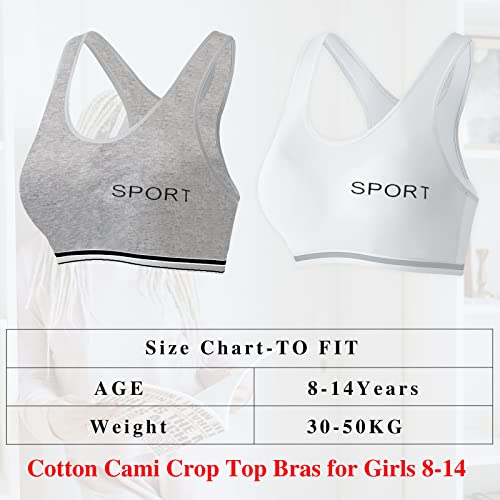 EDS Service Teen Girls Bra, 2 Pack Kids Crop Top Bra, Girls Training Bra with Removable Pad, Cotton Sports Vest for Age 8-14 Years