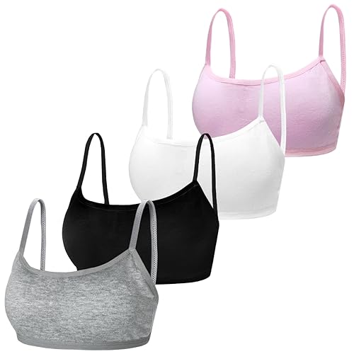 Young Girls Bras Cotton Teenage Underwear Removable Chest Pad Sports Training Bra Crop Tops for 8-14 Years Girls- 4 Pieces/4 Set