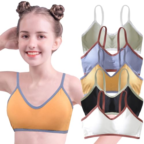 Teenage Girls Bras 5 Pieces Cotton Young Girls Underwear Sling Tube Tops with Pads Padded Contrast Color Sports Training Bra for 7-14 Years