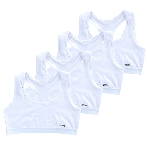 Training Racerback Bras 9-14 Years Girl's Starter Seamless Sports Cotton Bras Thin Soft Breathable Bra - 4 Pack (White)