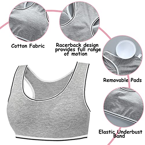 Girls Sports Bra Cotton Racerback Training Bras Underwear with Removable Bust Pad Teenage Girls Crop Vest for 7-12 Years Multipack (4 Pack/4 Set)