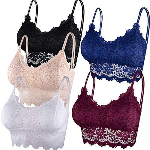 Duufin 5 Pieces Padded Bralette Bandeau/ Tube Bra Lace Top with Straps and Removable Pads for Women Girls, Red, Blue, Black, Beige, White, S-M