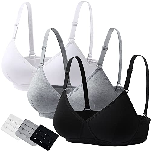 Young Girls Bras 3 Pieces 100% Cotton Teenage Underwear Wireless Sports Bra with Lengthened Buckle 12-18 Years Girls and Women Lingerie Bralettes