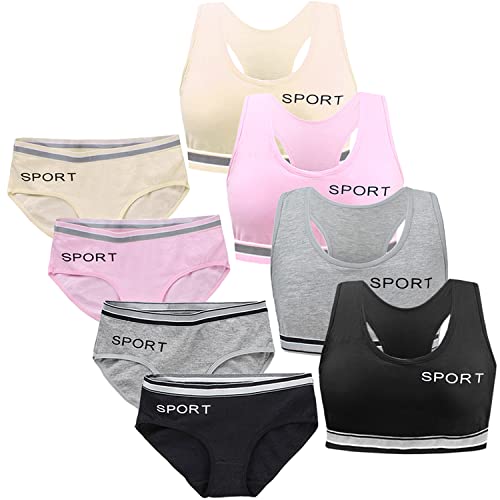 Young Girls Sports Bras Sets Cotton Teen Training Crop Tops Underwear Vest Wireless Bralette with Removable Pads for 7-12 Years