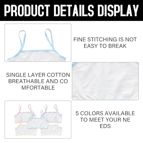 5PCS Girls Sports Bra Kids Bra Soft and Comfortable Cotton Girls Bra Girls Crop Tops Age 11-12 First Bra for Girls 11-12 for Sports/Training/Back to School Essentials (White+Beige+Purple+Pink+Blue)