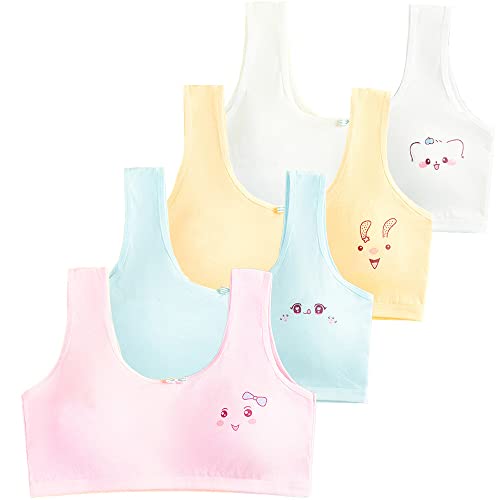 Girls Sports Bras Cotton Cute Face Teen Vest 7-12 Years Adolescente Kids Crop Top Underwear with Removable Pads (Pack of 4)