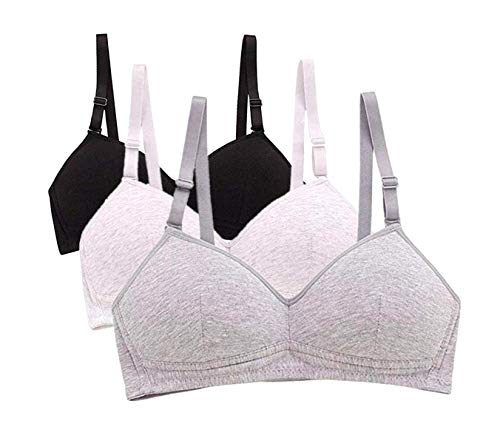 MANJIAMEI Women Teen Girls Thin Cotton Breathable Sports Bra Wire Free Push up Running A-Cup Bra Solid 3 Pack 32