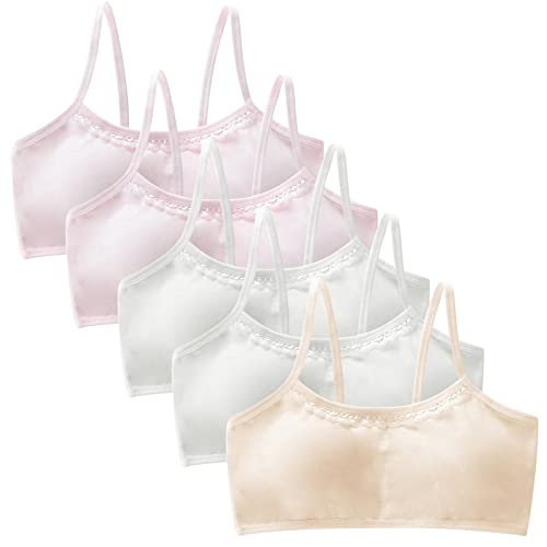 Happy Cherry 5 Pieces Girls Cotton Crop Bras Teenage Breathable Underwear Kids Sports Training Bras with Removable Pads Puberty First Wireless Bralette Seamless Vest Tops for 12-16 Years Old
