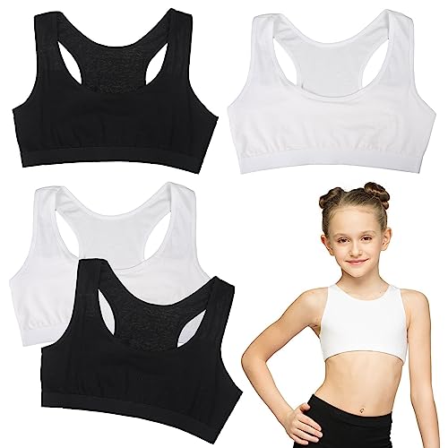 YUFFQOPC 4 Pcs Girls Sports Bras, Underwear Sports Training Bra Teenage Bras Cotton Crop Tops for Girls 9-14 Years Seamless Sports Non Padded Bras Sleep Bras for Girls in Yoga, White Black