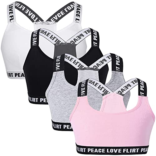 4 Pieces Young Girls Bras Cotton Teenage Underwear Racerback Sports Training Bra with Detachable Pads Padded Crop Tops 8-14 Years Girls