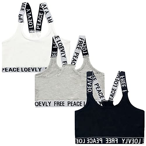 FedMois Girls Sports Bra Unpadded Crop Top Cotton Pack of 3, Grey, Black and White, 10-12 Years