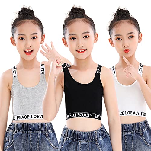 FedMois Girls Sports Bra Unpadded Crop Top Cotton Pack of 3, Grey, Black and White, 10-12 Years
