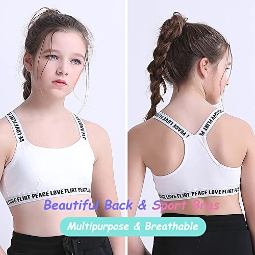 4 Pieces Young Girls Bras Cotton Teenage Underwear Racerback Sports Training Bra with Detachable Pads Padded Crop Tops 8-14 Years Girls