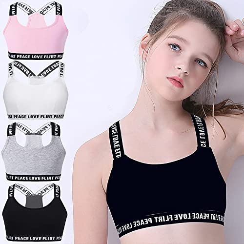 4 Pieces Young Girls Bras Cotton Teenage Underwear Racerback Sports Training Bra with Detachable Pads Padded Crop Tops 8-14 Years Girls