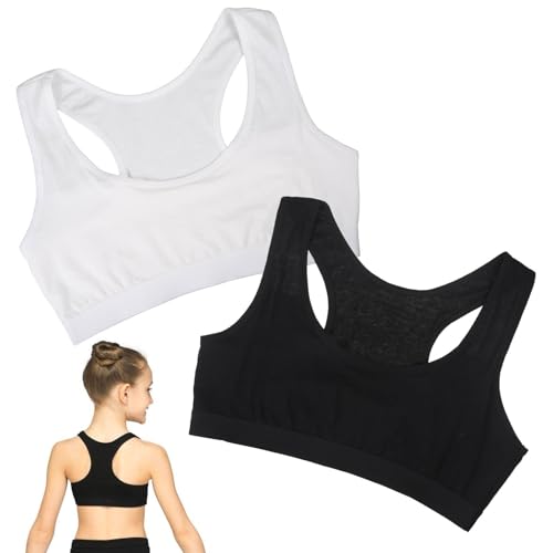Pack of 2 Sport Crop Top Girls Sports Bra Teen Girls First Sports Bra Underwear Sports Seamless Teens Sports Bras for Girls Kids White&Black Unpadded Crop Top Bra Children 9-14(Black and White)