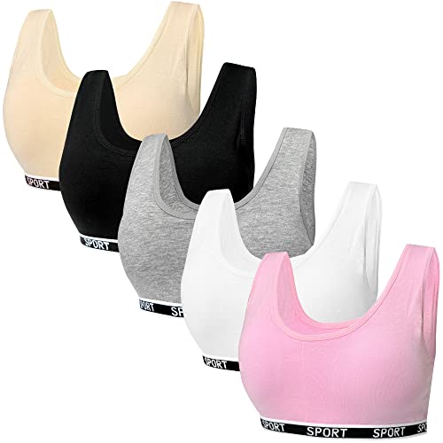 5 Pack Girls Sports Bra Cotton Training Bras U Shape Back Underwear with Removable Bust Pad Teenage Girls Crop Vest for 7-12 Years