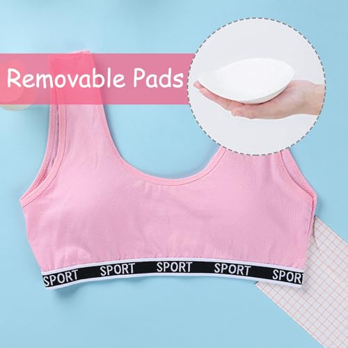 5 Pack Girls Sports Bra Cotton Training Bras U Shape Back Underwear with Removable Bust Pad Teenage Girls Crop Vest for 7-12 Years
