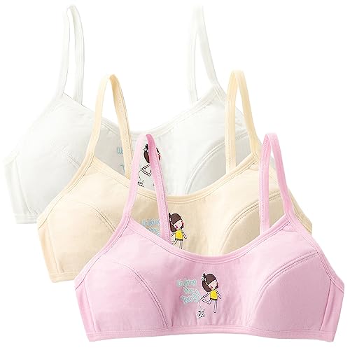 3 Pack Young Girls Sports Bra Wireless Training Bras Fixed Pads Underwears with Two Rows Buckles Teenage Girls Strappy Top for 7-12 Years