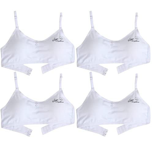 AOOPOO 4 Pack Cotton Training Bra for Girls, Girls Underwear 10-15 Years Old, Training Bras for Girls Sports Tops with Print Teenage Bra Vest White