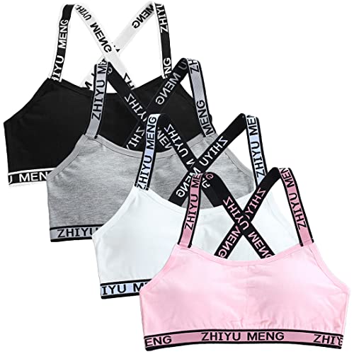 Young Girls Bras Cotton Teenage Underwear Removable Pads Sports Training Bra X Shoulder Strap Crop Tops for 7-14 Years Girls- 4 Pieces/4 Set