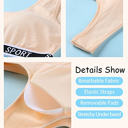 5 Pack Girls Sports Bra Cotton Training Bras U Shape Back Underwear with Removable Bust Pad Teenage Girls Crop Vest for 7-12 Years