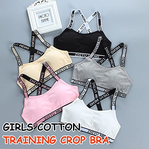Young Girls Bras Cotton Teenage Underwear Removable Pads Sports Training Bra X Shoulder Strap Crop Tops for 7-14 Years Girls- 4 Pieces/4 Set