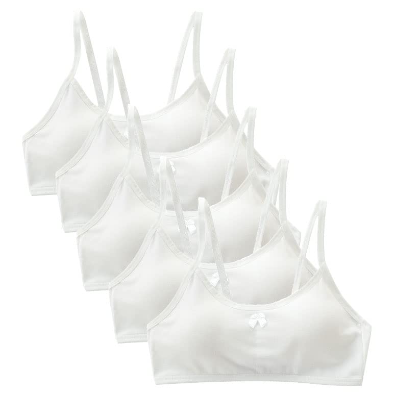 AOOPOO 5 Packs Girls Crop Camisole Tops with Removable Pads, Teen Cotton Wireless Bralette Adolescents Breathable Training Bra Tops, Kids Seamless Underwear for Age 12-16 White