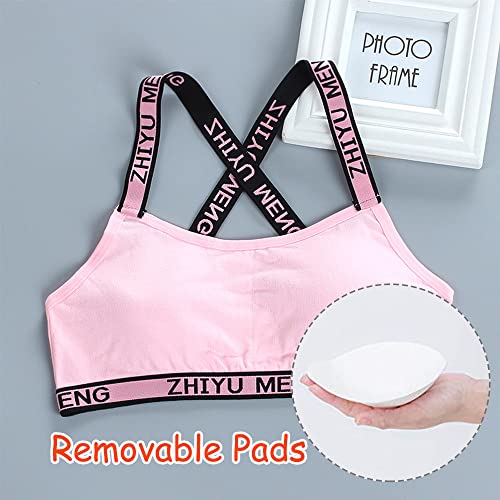 Young Girls Bras Cotton Teenage Underwear Removable Pads Sports Training Bra X Shoulder Strap Crop Tops for 7-14 Years Girls- 4 Pieces/4 Set