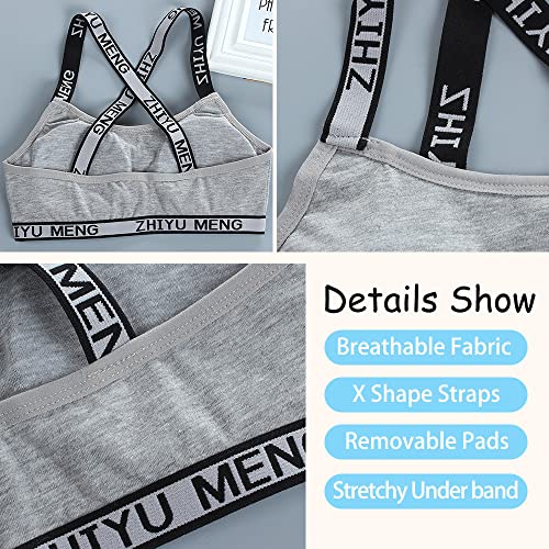 Young Girls Bras Cotton Teenage Underwear Removable Pads Sports Training Bra X Shoulder Strap Crop Tops for 7-14 Years Girls- 4 Pieces/4 Set