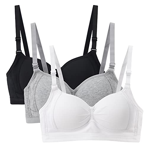 EDS Service Girls First Bra, Soft Cotton Teen Bra, 3 Pack Wire Free Padded Crop Top, Young Girls Underwear with Adjustable Strap for Women 12-18Years