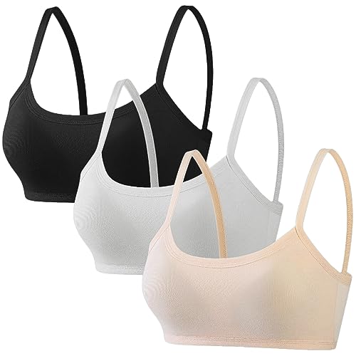 Pack 3 Sport Bras for Young Girls Cotton Teenage Best Starter Underwear Removable Pad Training Bra Crop Tops for 7-12 Years