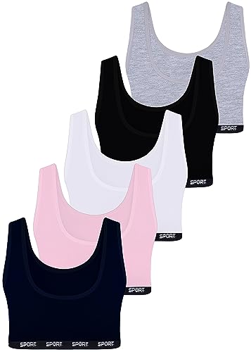 LOREZA ® 5 Girls Cotton Bra Tops Underwear - Sports Bra Top - Design 11-12-13 Years