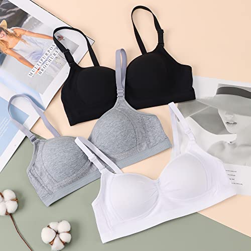EDS Service Girls First Bra, Soft Cotton Teen Bra, 3 Pack Wire Free Padded Crop Top, Young Girls Underwear with Adjustable Strap for Women 12-18Years
