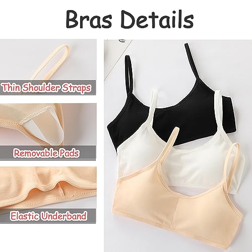 Pack 3 Sport Bras for Young Girls Cotton Teenage Best Starter Underwear Removable Pad Training Bra Crop Tops for 7-12 Years