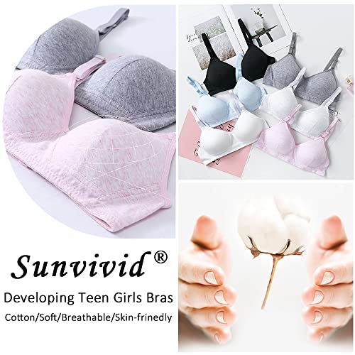 Sunvivid 3 Pack Teen Girl’s Bra Cotton Puberty Wire Free Underwear with Adjustable Strap Training Bralette for 12-18 Years Girls and Women