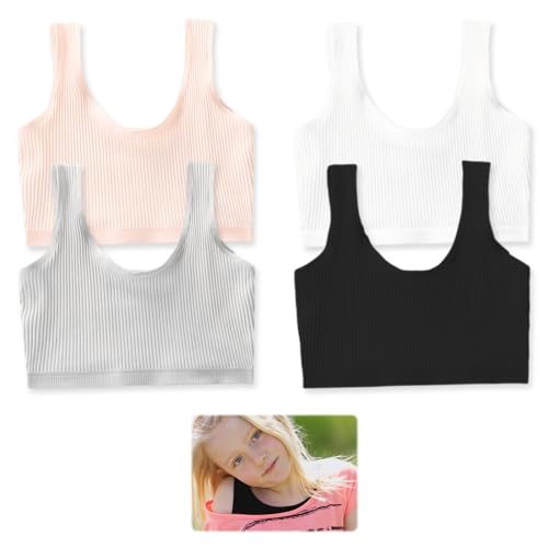 kuryt Girls Sports Bra 4PCS Kids Bra Teens Girls Bra Crop Tops Age 11-12 Soft Comfortable Cotton Material Suitable for First Bra for Girls 11-12 Training School Essentials