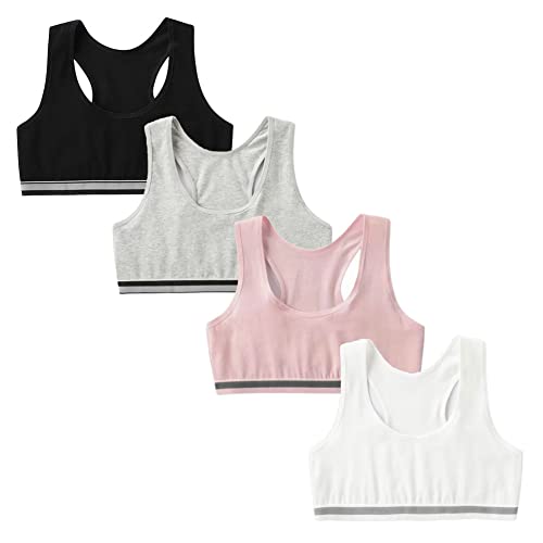 FedMois Girls Sports Bra Unpadded Crop Top Cotton Pack of 4, Grey, Black, White and Pink, 10-12 Years