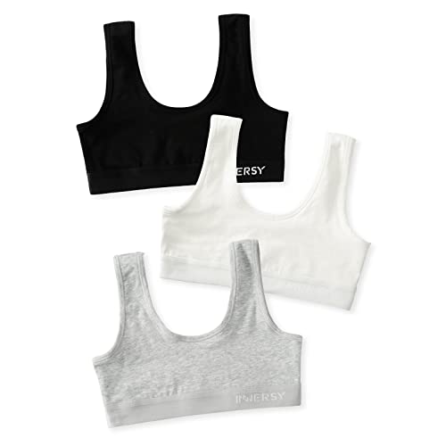 INNERSY Girls Sports Bra White Crop Tops Kids Teen Black Bralette Grey Training Underwear 3 Pack (XL, Basic Black/White/Grey)