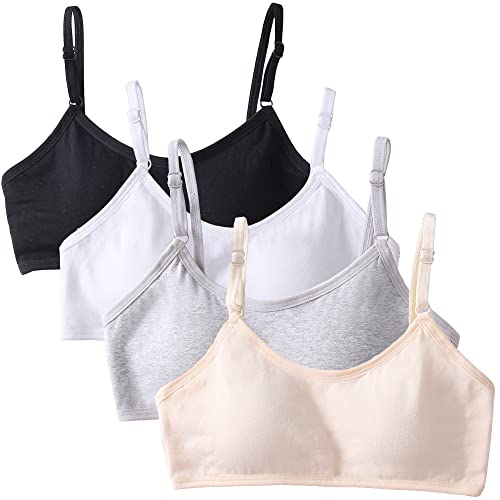 4 Pack Girls Sports Bra Training Bras Underwear with Fixed Bust Pad and Adjustable Strap Teenage Girls Crop Top for Kids 10-16 Years