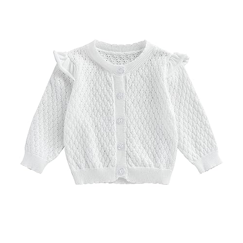 MoccyBabeLee Baby Girls Knitted Cardigan Sweater Crewneck Knit Crochet Button Closure Cardigan Tops Coat Outwear Fall Winter Floral Warm Clothes (A White, 6-12 Months)