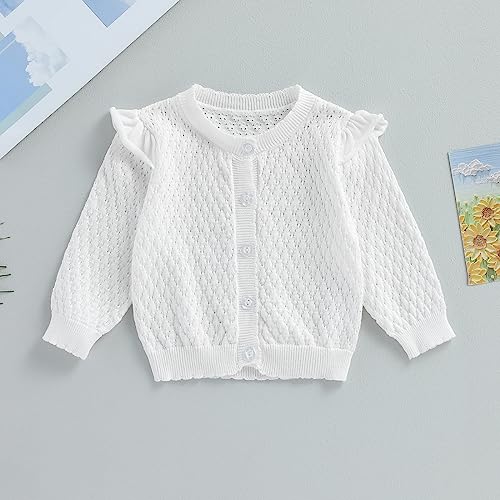 MoccyBabeLee Baby Girls Knitted Cardigan Sweater Crewneck Knit Crochet Button Closure Cardigan Tops Coat Outwear Fall Winter Floral Warm Clothes (A White, 6-12 Months)