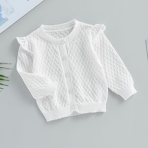 MoccyBabeLee Baby Girls Knitted Cardigan Sweater Crewneck Knit Crochet Button Closure Cardigan Tops Coat Outwear Fall Winter Floral Warm Clothes (A White, 6-12 Months)