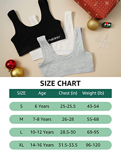 INNERSY Girls Sports Bra White Crop Tops Kids Teen Black Bralette Grey Training Underwear 3 Pack (XL, Basic Black/White/Grey)