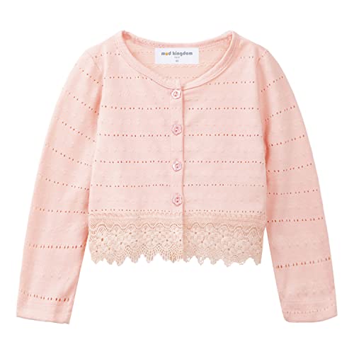 Mud Kingdom Little Girls Bolero Shrug Lace Eyelet Solid Cotton Button Down Short Cardigans Long Sleeve Cute Tops Party Pink 5 Years