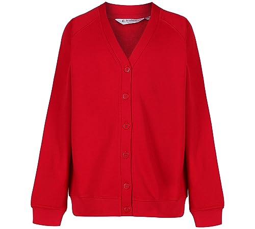 Trutex Unisex Sweatshirt Cardigan for School Uniform, Long Sleeve, Button Down, 260g, Red (Scarlet), 2-3 Years UK