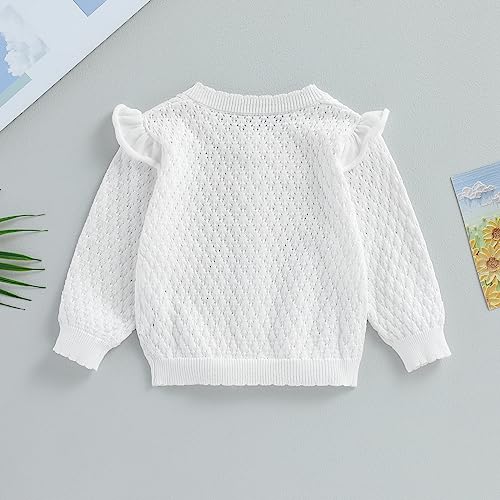MoccyBabeLee Baby Girls Knitted Cardigan Sweater Crewneck Knit Crochet Button Closure Cardigan Tops Coat Outwear Fall Winter Floral Warm Clothes (A White, 6-12 Months)
