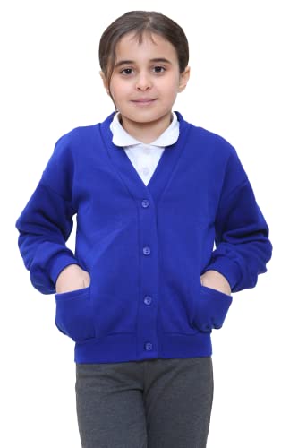 STAR FASHION New Kids Unisex School Fleece Button Cardigans for Girls/Boys Uniform Long Sleeve Buttons up Sweater Formal Plain V Neck Open Front Pockets Kid’s Cardigan Ages 2-14 Years Royal Blue