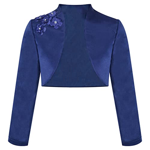 CHICTRY Girls Satin Long Sleeve Flower Bolero Shrug Short Cardigan Wedding Bridesmaid Dress Cover Up Jacket Top Navy Blue 13-14 Years